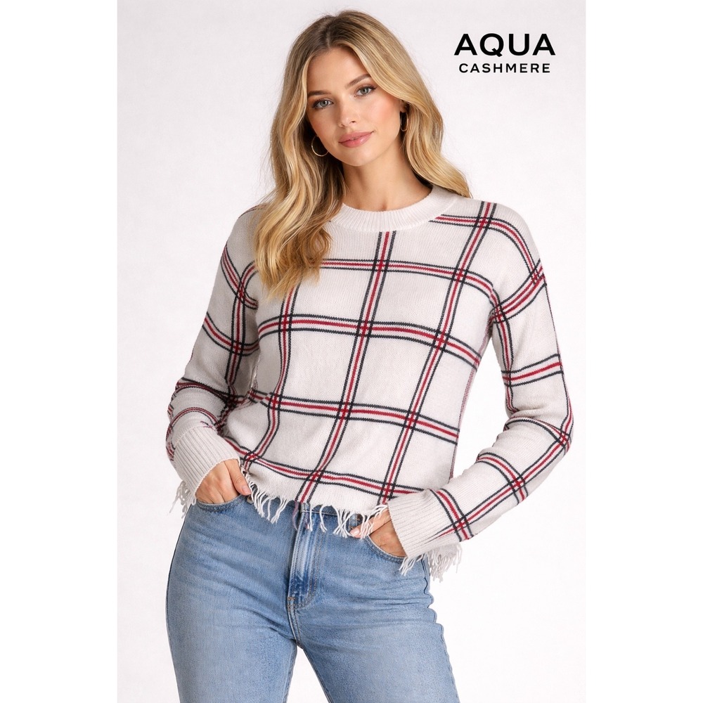 Aqua Cashmere Womens Plaid Distressed Frayed‎ Hem Crewneck Sweater Cream Red S